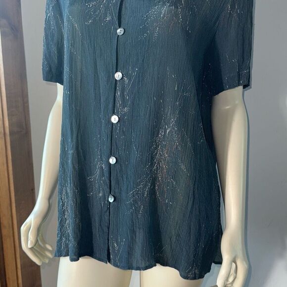 Vintage 90’s Green Whimsical Earth Print Oversized Silk Short Sleeve Button Down - Picture 3 of 14